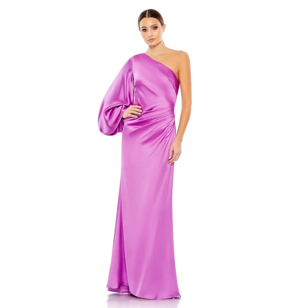 Ieena for Mac‎ Duggal Orchid Satin One Shoulder Bishop Sleeve Gown 26588 Size 2